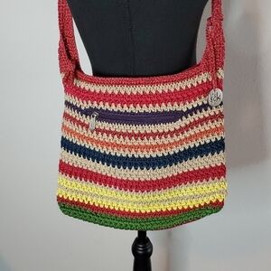 THE SAK CROCHET MULIT-COLORED STRIPED PURSE.
